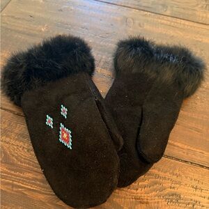 Black Suede Mittens w/Rabbit Fur Trim and Beaded Design